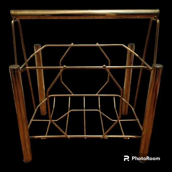 Large Vintage Mid Cenury Modern Brass Standing Magazine Rack Record Storage - Picture 3 of 8